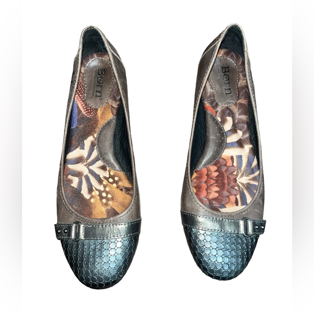 Born Brown Leather Metallic Ballet Flat Shoes Women Size 7.5
